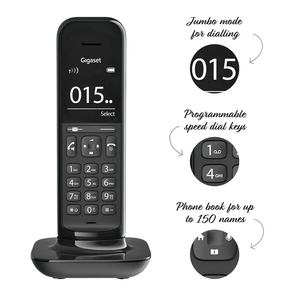 Gigaset Hello Designer Cordless Phone - Black, Single Handset Without Answer Machine - Image 4