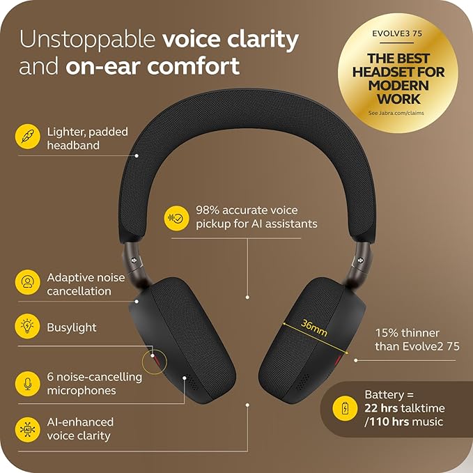 Jabra Evolve3 75 MS Stereo, Link 390 USB-C, Black, with Wireless Charging pad - Image 3