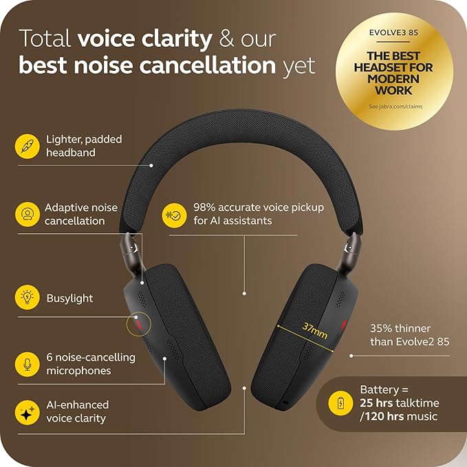 Jabra Evolve3 85 MS Stereo, Link 390 USB-C, Black, with Wireless Charging pad - Image 3