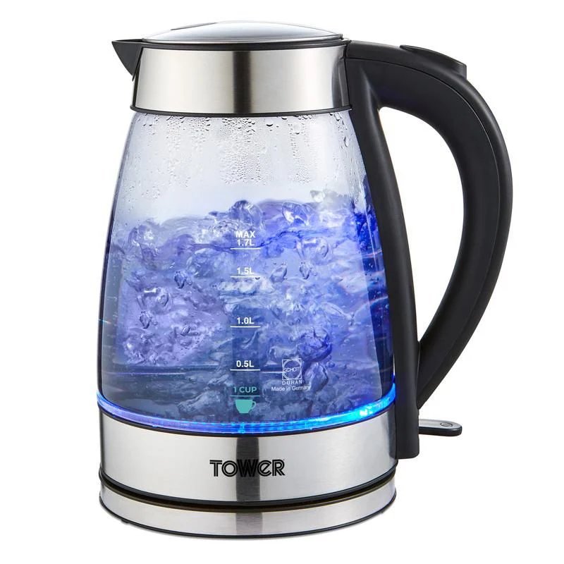 Tower 3KW 1.7L Smoked Glass Kettle in Stainless Steel