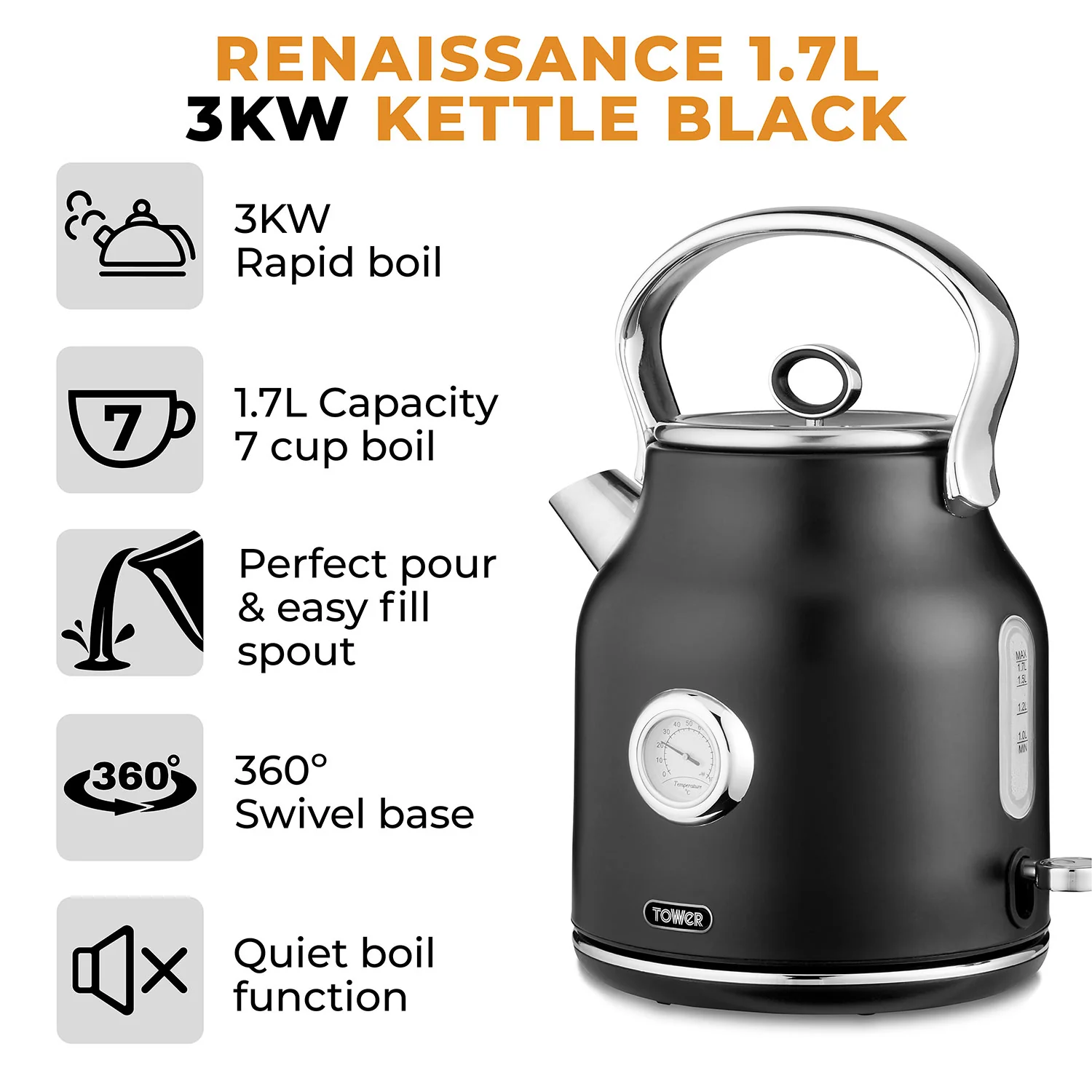Tower Renaissance 1.7L Kettle in Black - Image 2